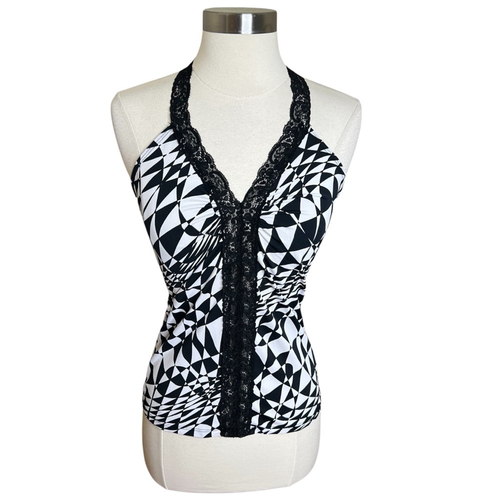 Papaya Y2k Halter Top Black Lace Geometric Black & White Medium